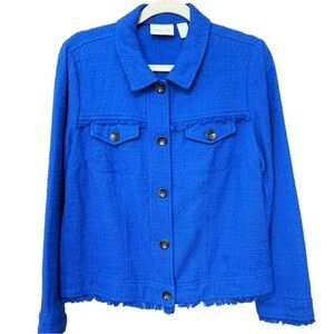 CHICO'S Blue Textured Fringe Button Up Jacke Women's Size M / 8